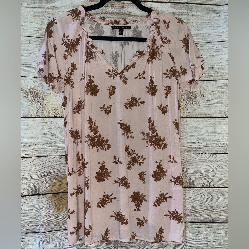 🤎3/$10 Como Black Floral V-Neck Blouse in Pink and Brown Size Large